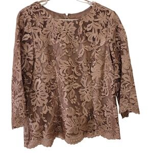 Alex Evenings Antique Rose Lace Top Blouse 3/4 Sleeve Sheer Overlay Size L